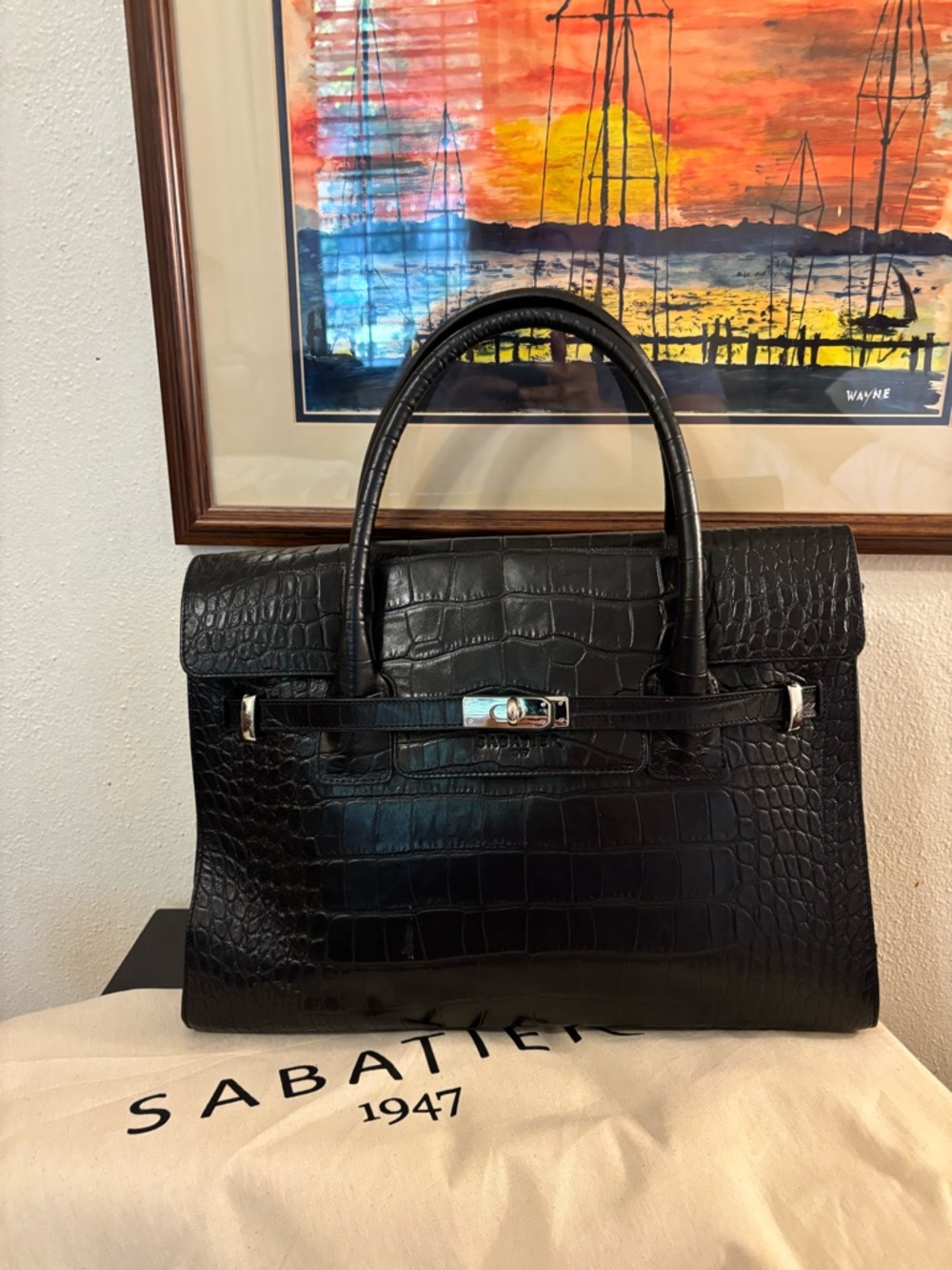 New Authentic Sabatier 1947 BELLECOUR 617 BLACK CROCO embossed leather Satchel.